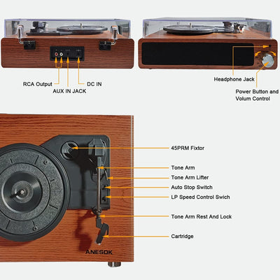 3-Speed Bluetooth Turntable, Walnut Wood Color