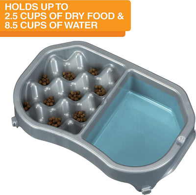 Slow Feed Dog Bowl (2.5 Cup Food + 8.5 Cup Water/ilver Metallic)