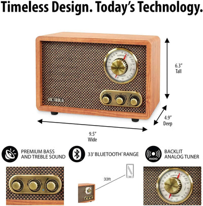 Retro Wood Bluetooth Radio with Built in Speakers, Walnut