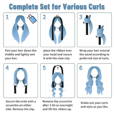 Heatless Silk Curls Headband with Rubber Bands and Clips (Blue)