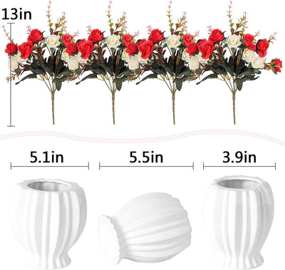 4 bunches of artificial roses with ceramic vase, (color: red)