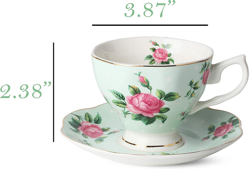 Floral Tea Cups and Saucers, Set of 8 (8 oz)