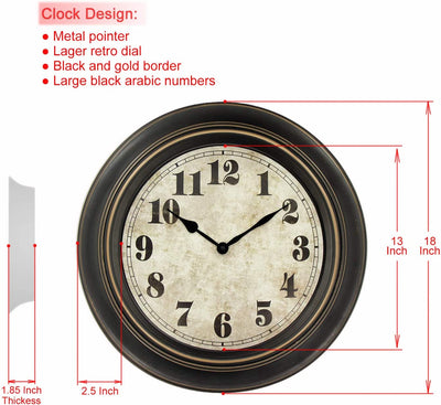 Retro round wall clock, 18 inch, balck gold