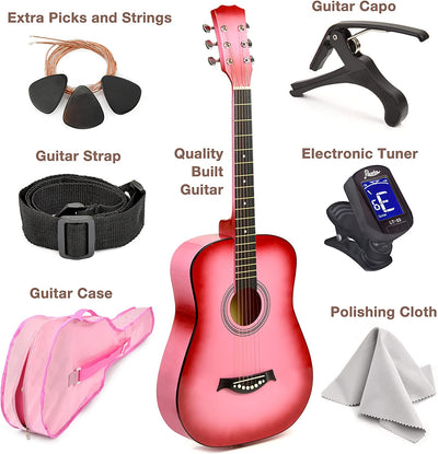 Beginner Acoustic Guitar, Digital Tuner, (Pink Gradient)