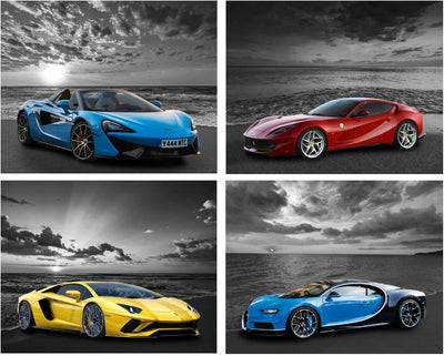 Black and White Sports Car Posters - Set of 4 (8 x 10 inches)