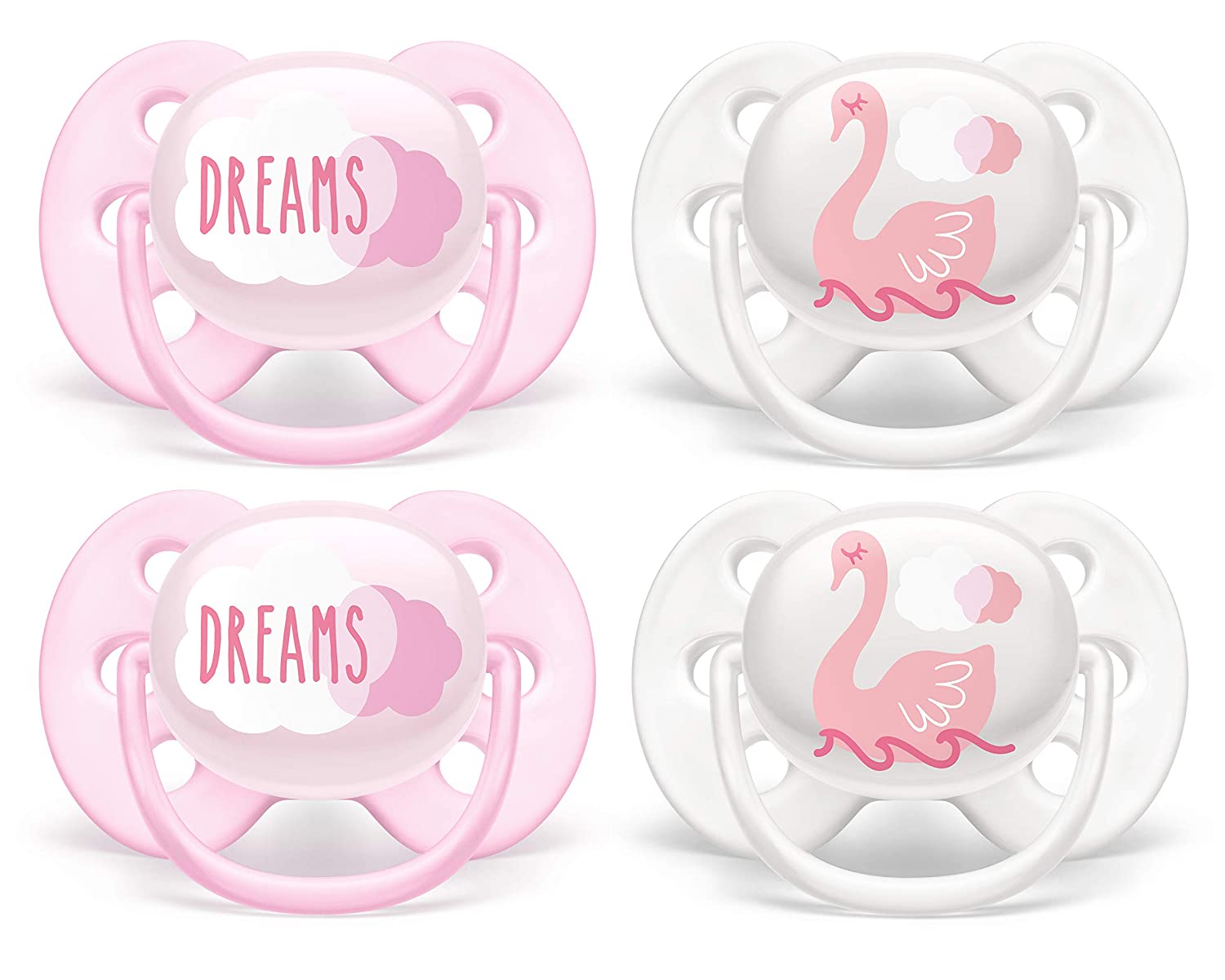 Pack of 4 ultra soft pacifiers, 0-6 Months, (Dreams/Swans).