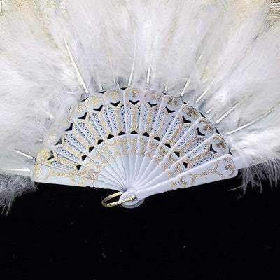 Feather Fan with Embroidered Flowers, Vintage 1920s Style (White)