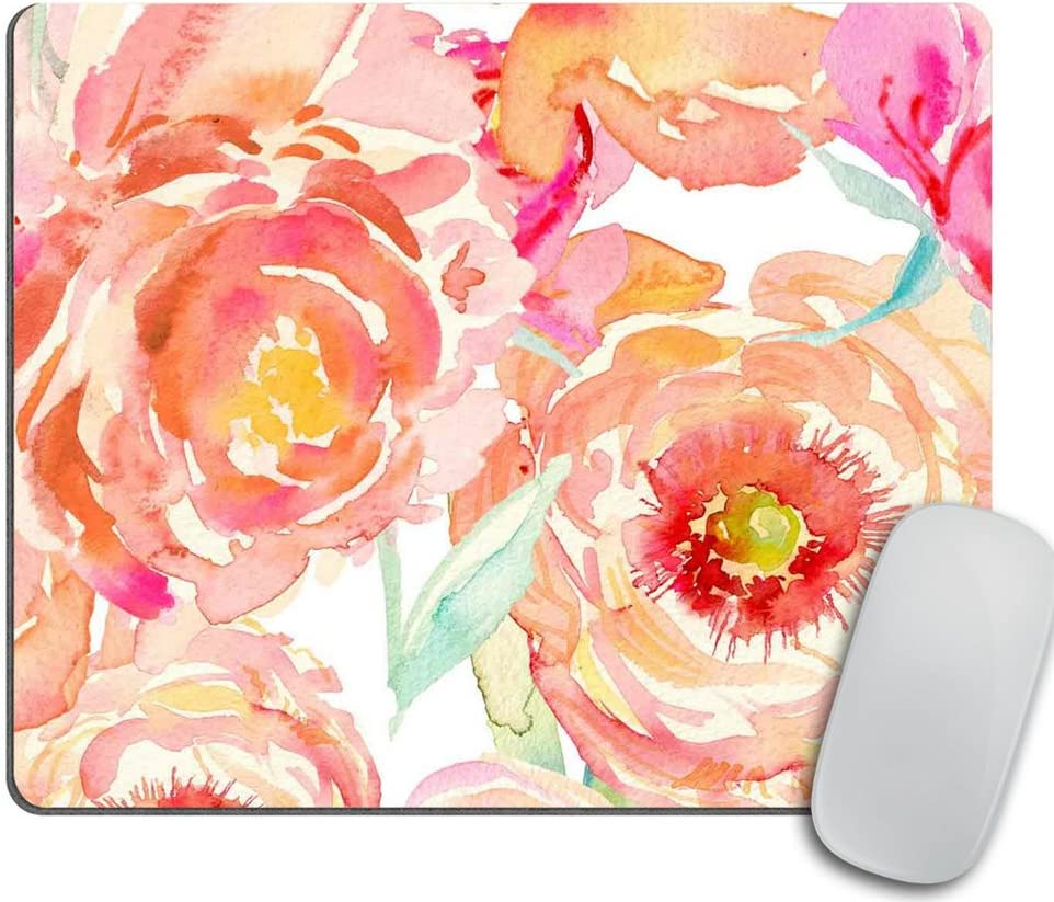 Peach Peony Rectangular Mouse Pad, Watercolor Flowers