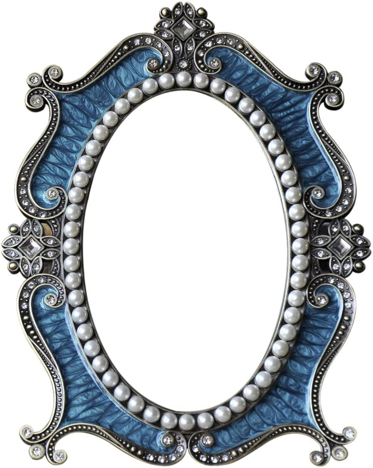 Vintage Oval Metal Mirror with Stand and Pearlescent, Blue