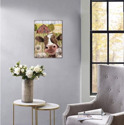 canvas print, farm picture,rustic style,funny cow and dandelion