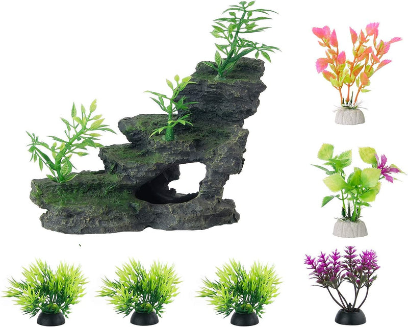 Fish tank stone ornament, with 6 plants (olive black)