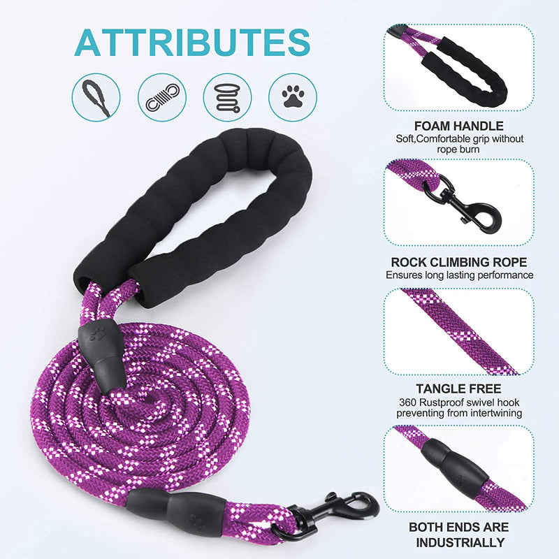 Rope leash for pets with non-slip handle, (purple)