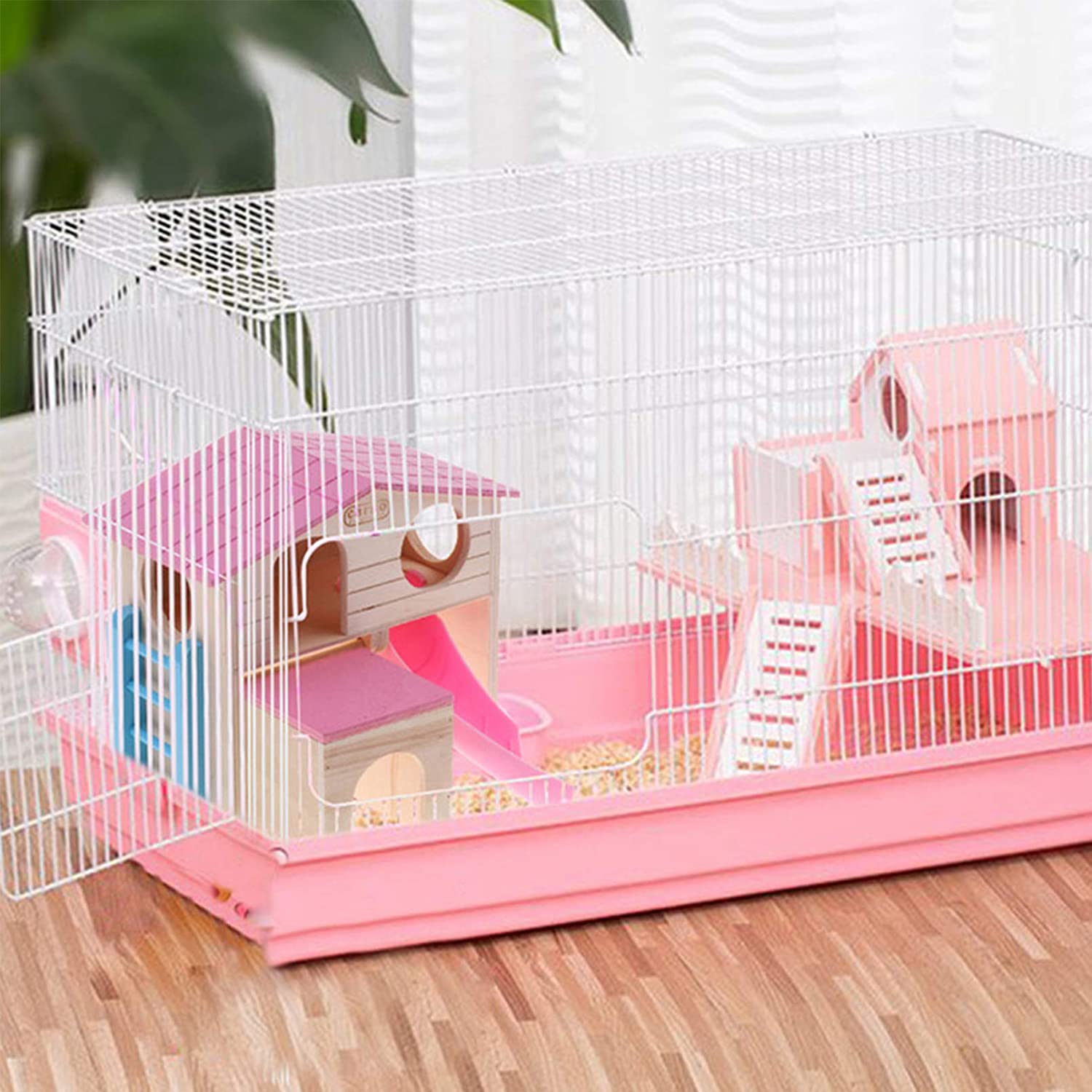 Hamster house with fun ladder, slide, wooden hut, pink