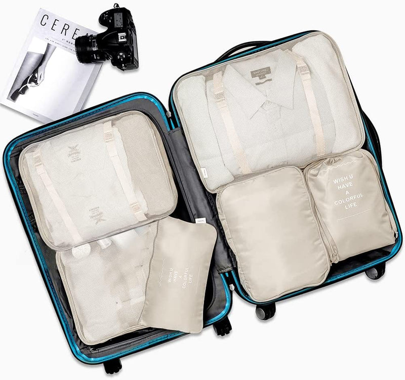 Travel Luggage Organizer Bags (6 Pieces, Beige Color).