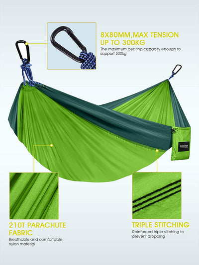 Portable camping hammock with 2 straps, Green & Dark Green