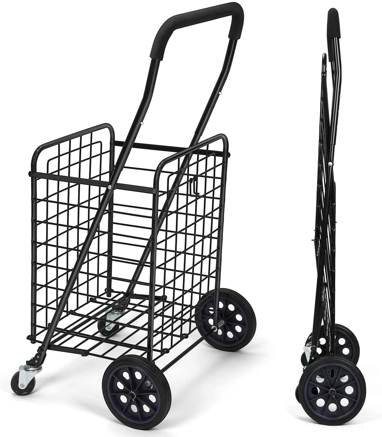 Shopping Cart with Dual Swivel Wheels for Groceries - Compact Folding Portable Cart Saves Space