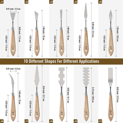 Set of 10 painting knives, stainless steel wooden handle