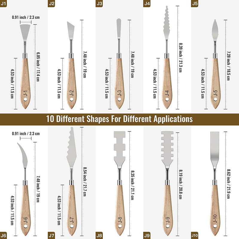 Set of 10 painting knives, stainless steel wooden handle