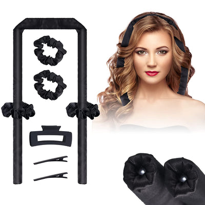 Heatless Silk Curls Headband with Rubber Bands and Clips (Black)