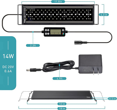 Auto On Off LED Aquarium Light 3 Modes for 12"-18" Freshwater