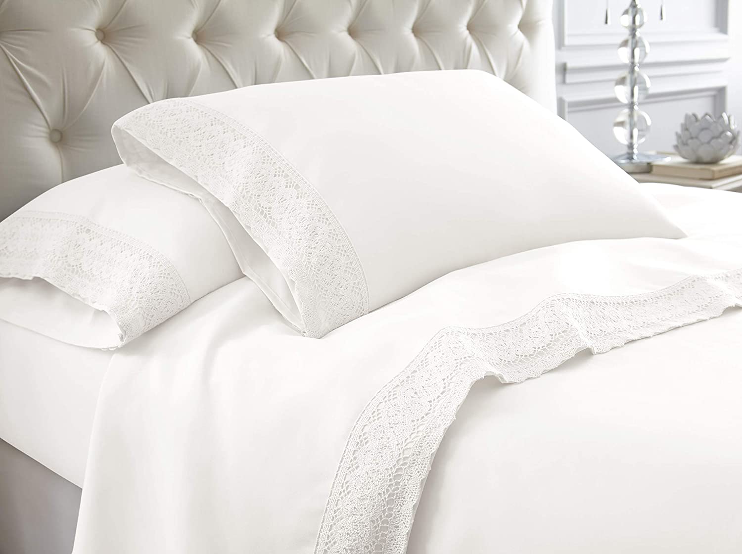 100% Microfiber 4-Piece Lace Sheet Set (White- (Queen)