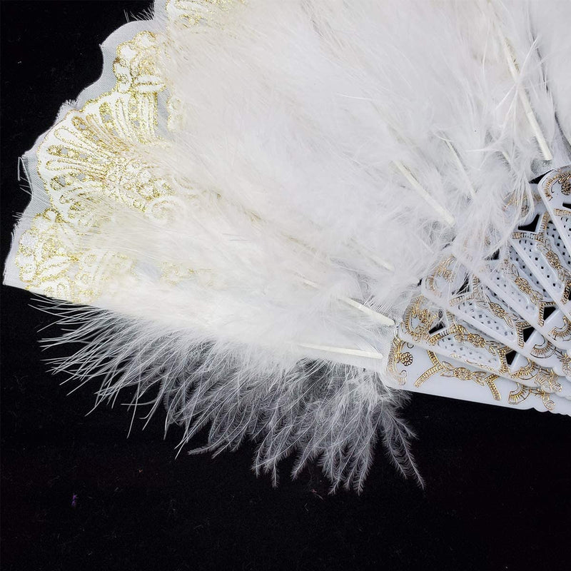 Feather Fan with Embroidered Flowers, Vintage 1920s Style (White)