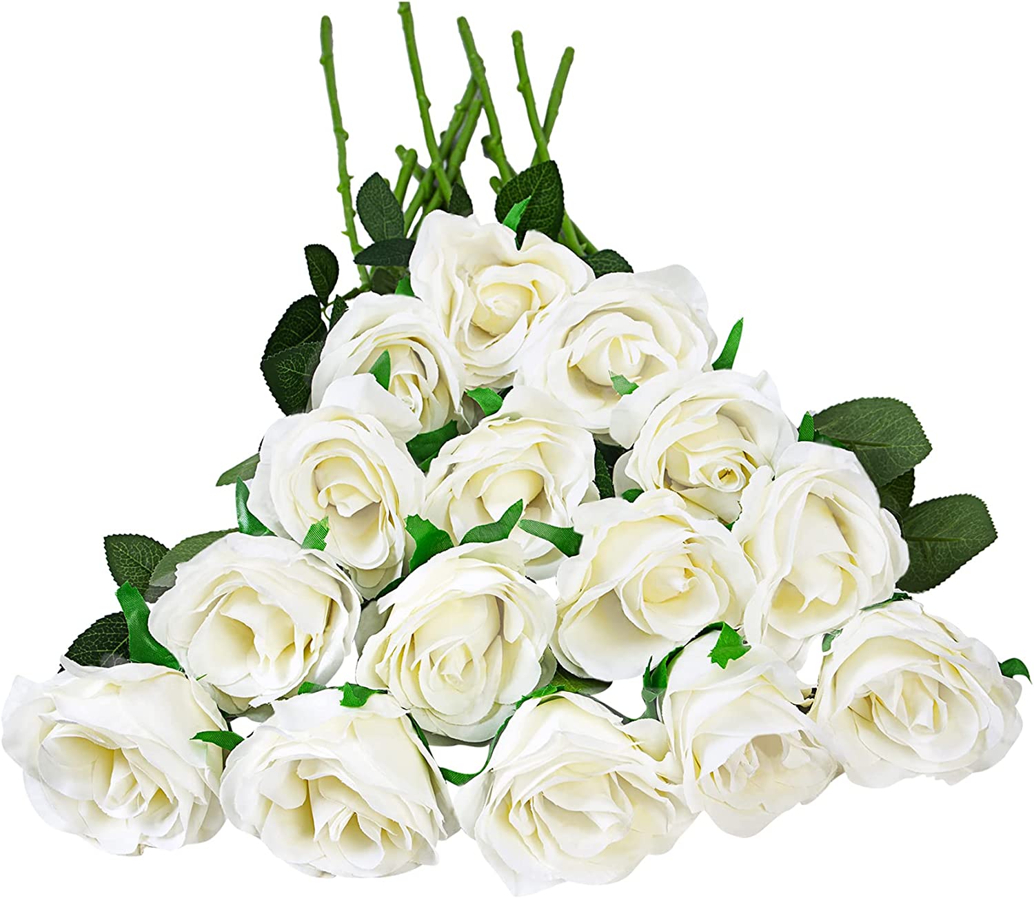 Artificial Rose Bouquet, Valentine Decorations (White), 15-Pack