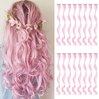 16 Colored Curly Wavy Clip-in Hair Extensions (Light Pink)