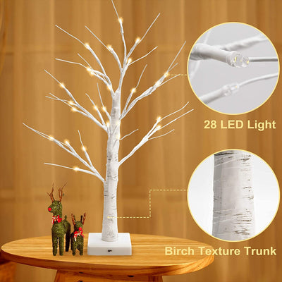 Set of 2 birch trees illuminated by 28 warm white battery operated LEDs