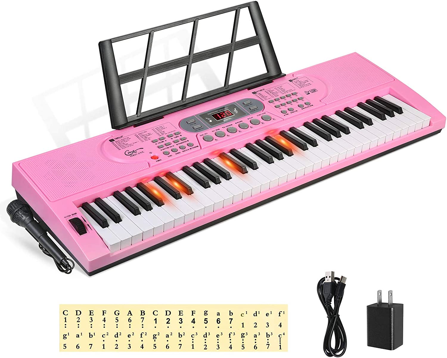 Piano with illuminated keys, 61 keys, Color: Lighted Keys-Pink