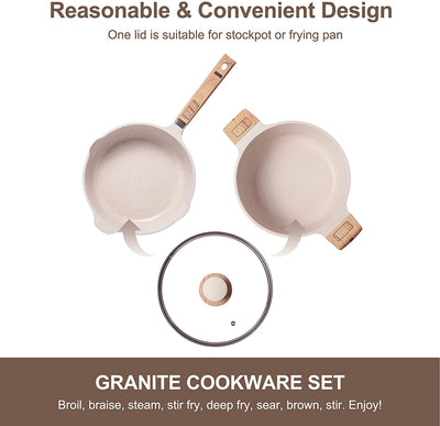 Granite Cookware Sets with Skillet, Pot, and Saucepan, (Beige)