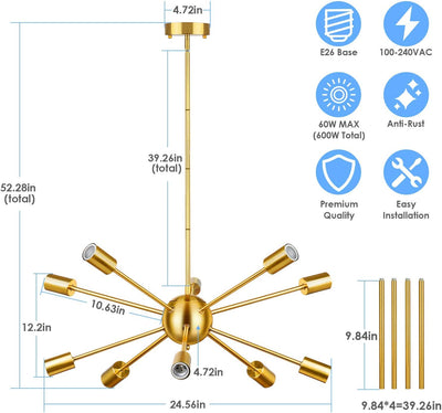 10-light chandeliers, gold brushed brass