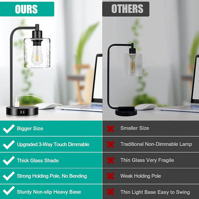 Set of 2 Touch Control Table Lamps, 3-Way Dimmable  with 2 USB Ports and AC Outlet - 2 LED Bulbs Included