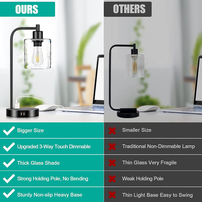 Set of 2 Touch Control Table Lamps, 3-Way Dimmable  with 2 USB Ports and AC Outlet - 2 LED Bulbs Included