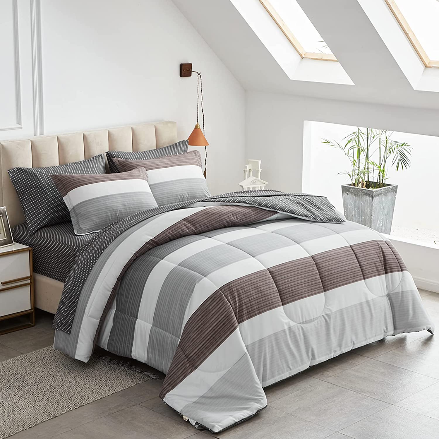 Light Gray and Brown Stripe 7 Piece Bedding Set