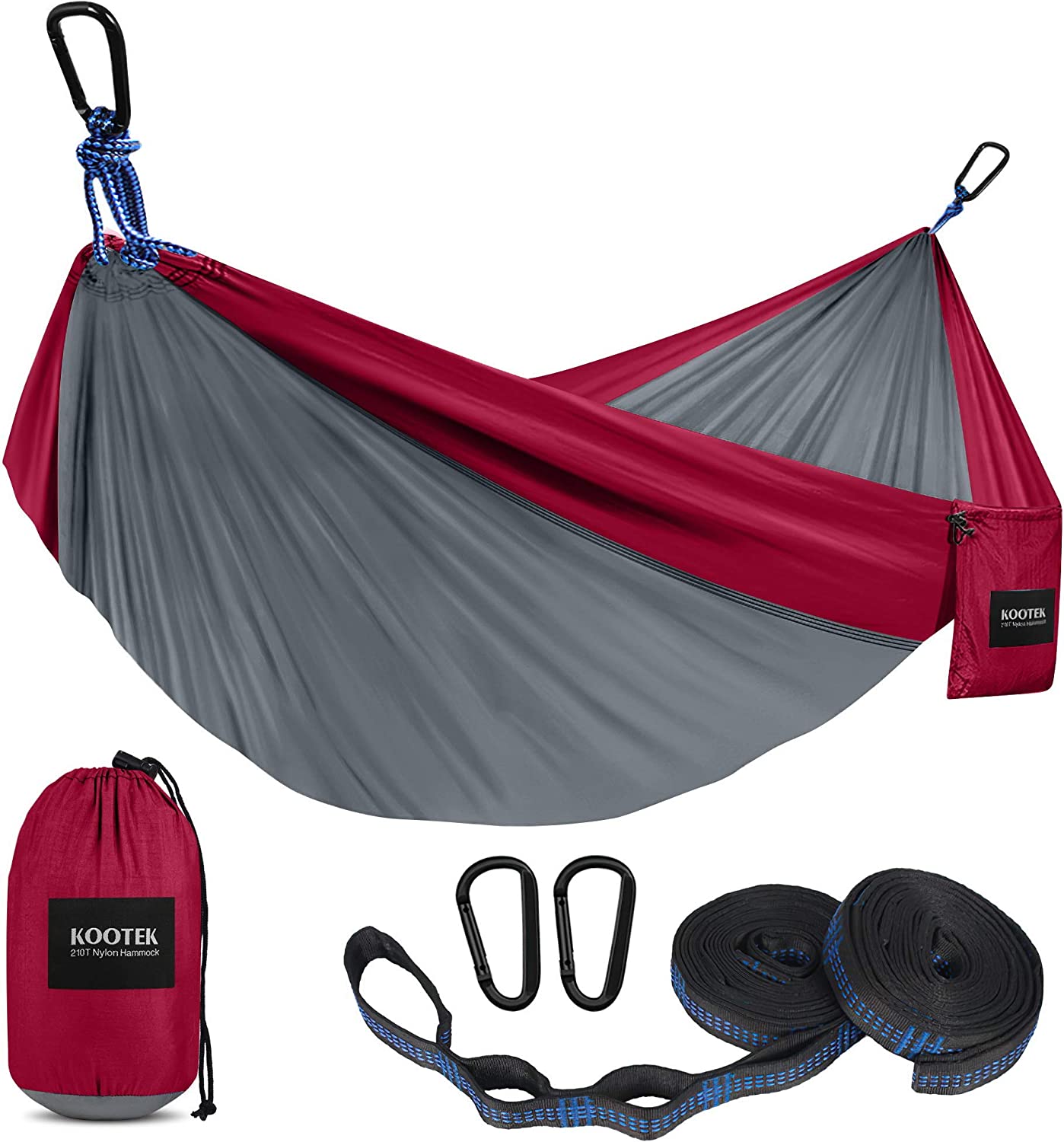 Portable camping hammock with 2 straps, Grey & Dark Red