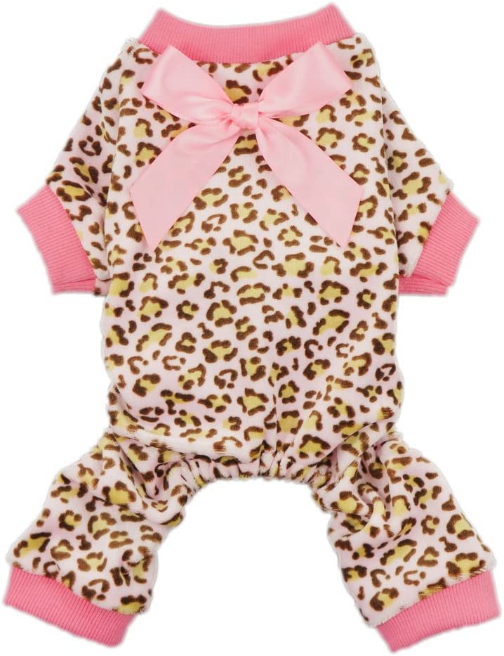 Soft Velvet Dog Pajamas with Leopard Ribbon,(Medium)