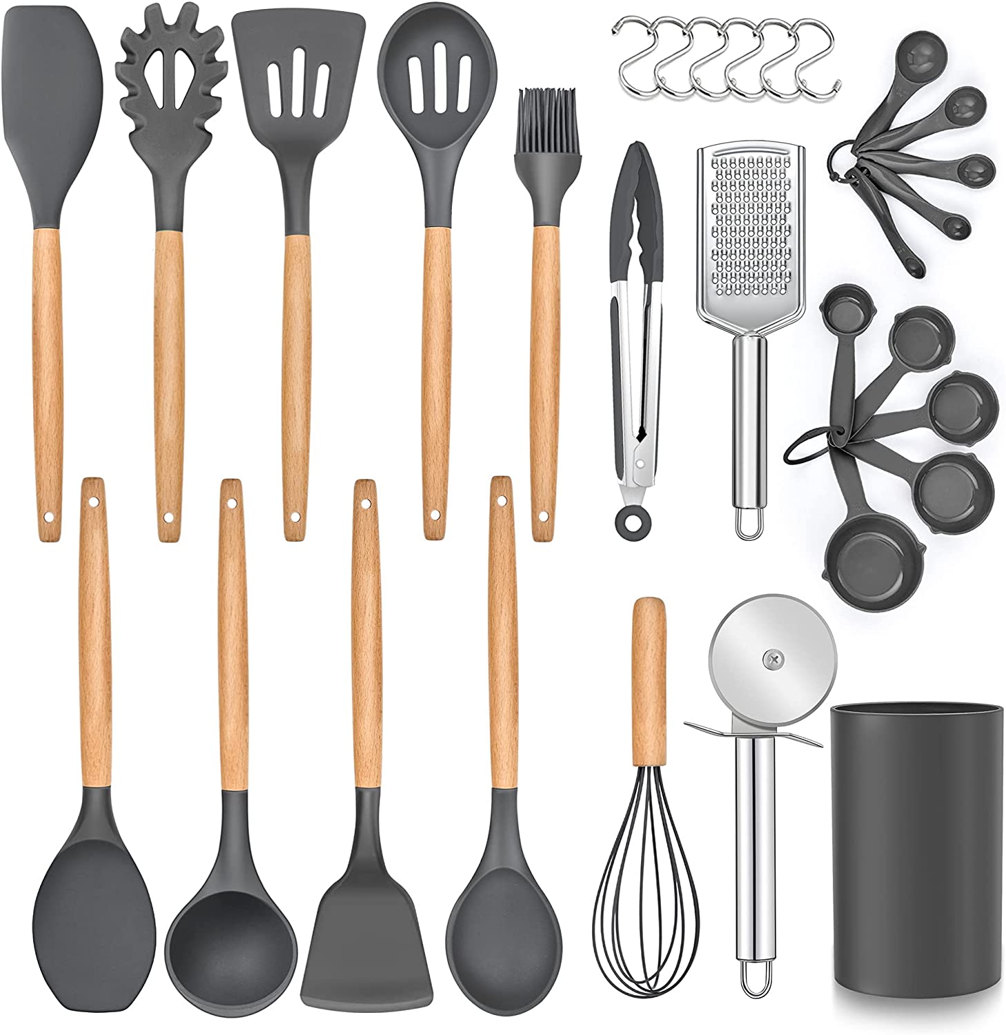 Silicone kitchen utensil set, 30-piece, gray