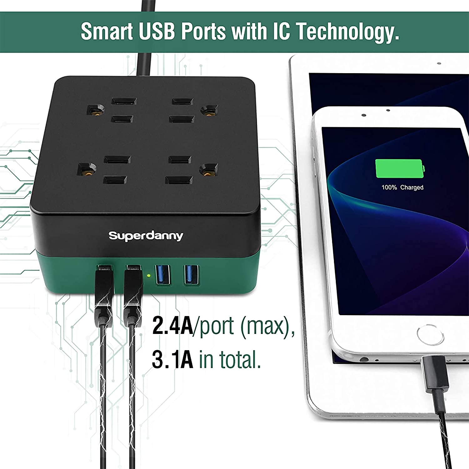 Mountable charging station 4 outlets, 4 USB ports, dark green