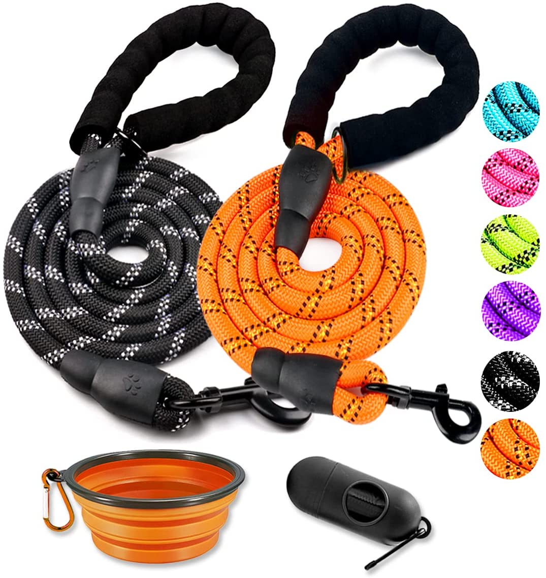 2 Pack 5' Heavy Duty Dog Leashes, Set of Set 7/ Black / Orange