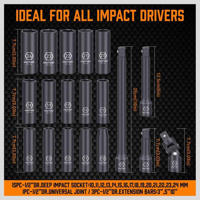 1/2-Inch Deep Impact Socket Set, 19-Piece