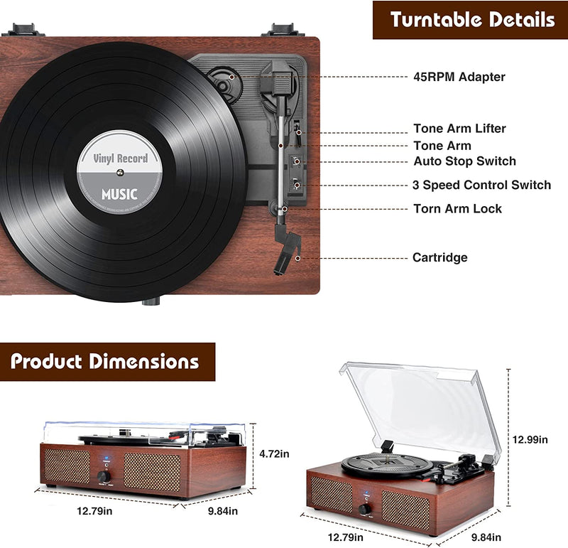 Vinyl record player, with wireless vintage USB phonograph speaker