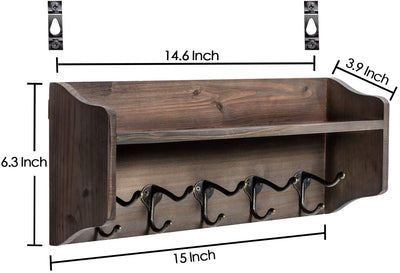 rustic wood entryway shelf with 5 vintage metal hooks