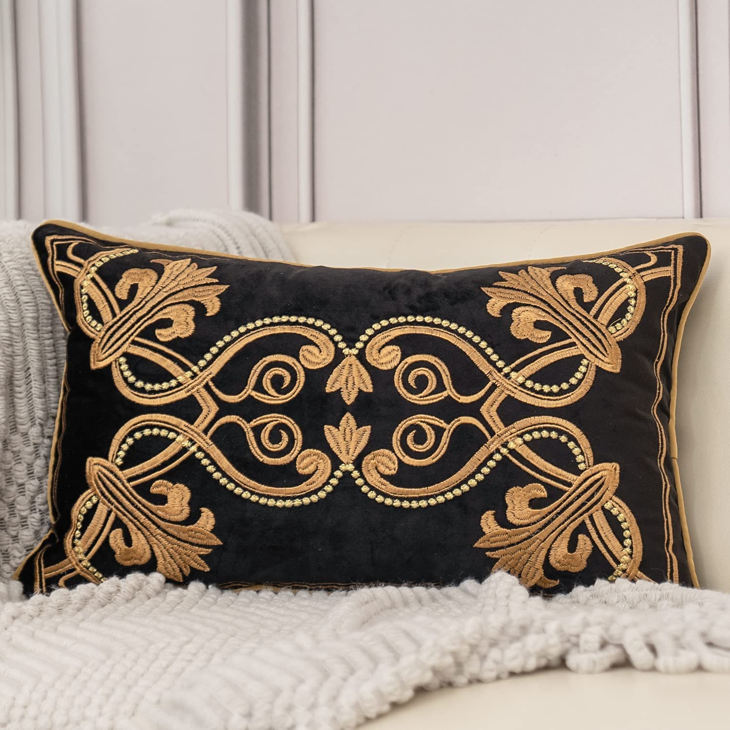 European Cushion Cover, 12" x 20", Black and Gold, 30 x 50 cm