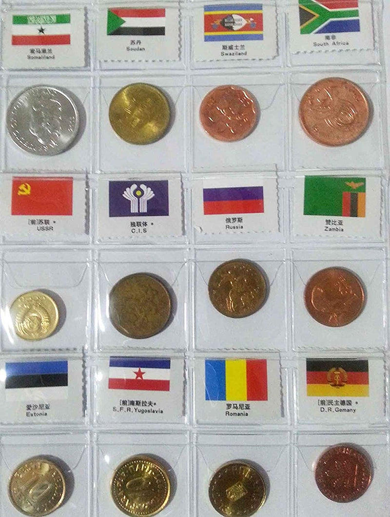 Coins from 60 countries, with leather collection album and flags