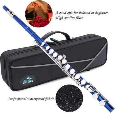 Silver nickel flute with case and cleaning kit (blue)