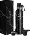 Sports Water Bottle - 24 oz, 3 Lids (Spout Lid), Black Marquina