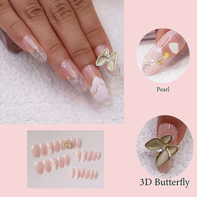 Cute False Nails 24pcs, 3D Butterfly, Nude pink