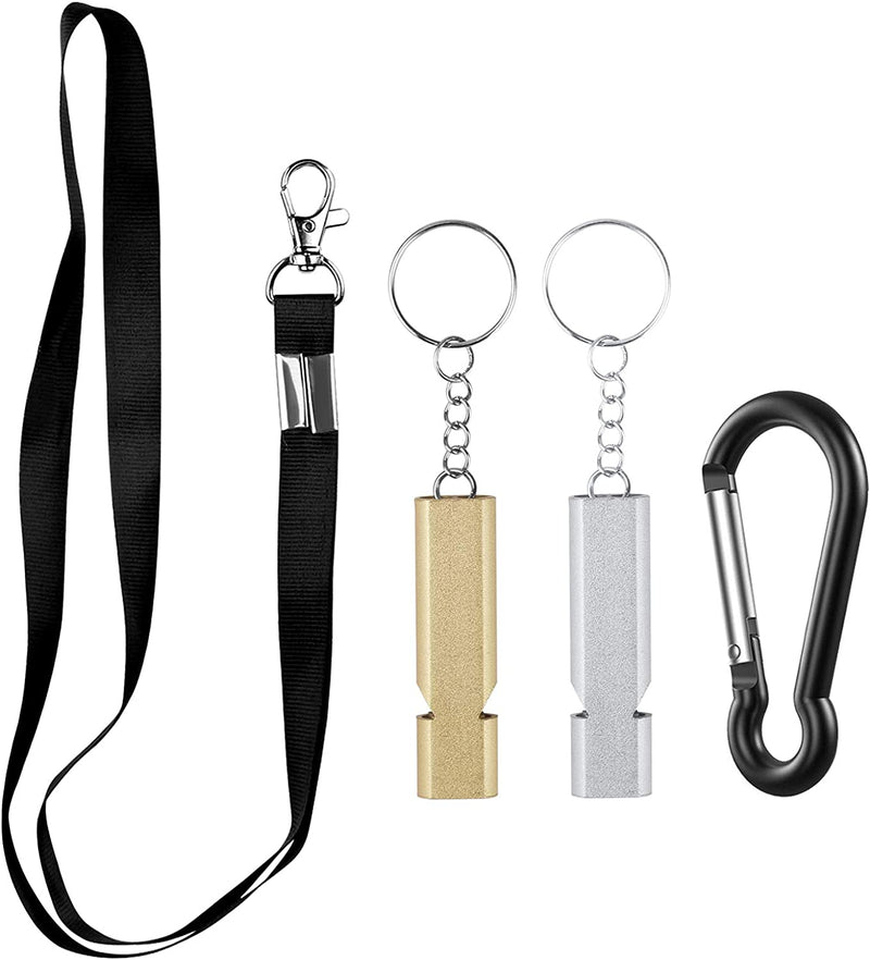 Whistles with carabiner and lanyard, 2 pieces (Silver, Gold)
