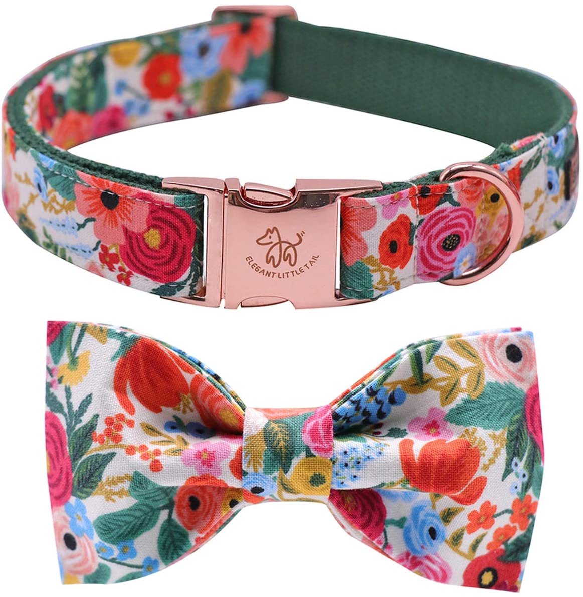 Elegant pet collar with bow, cotton and straps, Colour: Floral